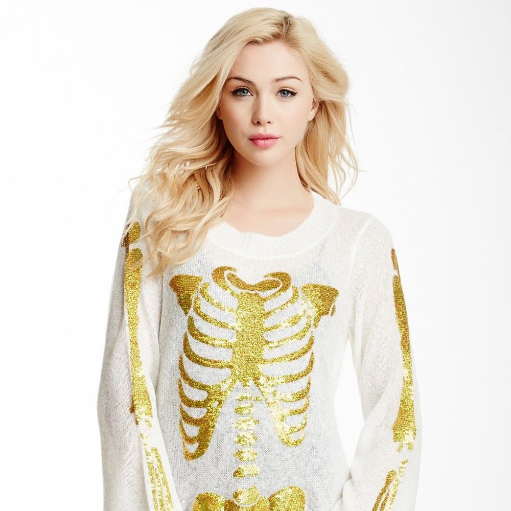 Wildfox Gold Skeleton Favorite Sweater, XS, White